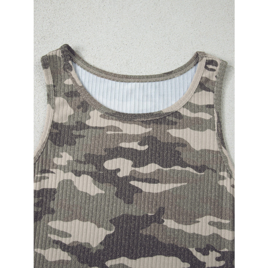 Camouflage Print Ribbed Knit Round Neck Tank Top Apparel and Accessories