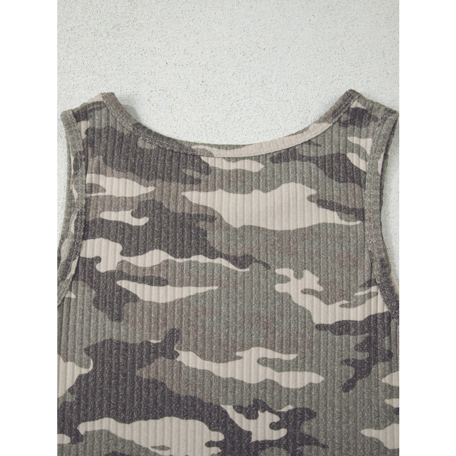 Camouflage Print Ribbed Knit Round Neck Tank Top Apparel and Accessories