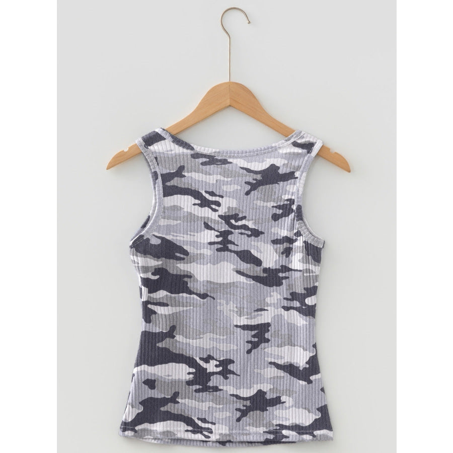 Camouflage Print Ribbed Knit Round Neck Tank Top Apparel and Accessories