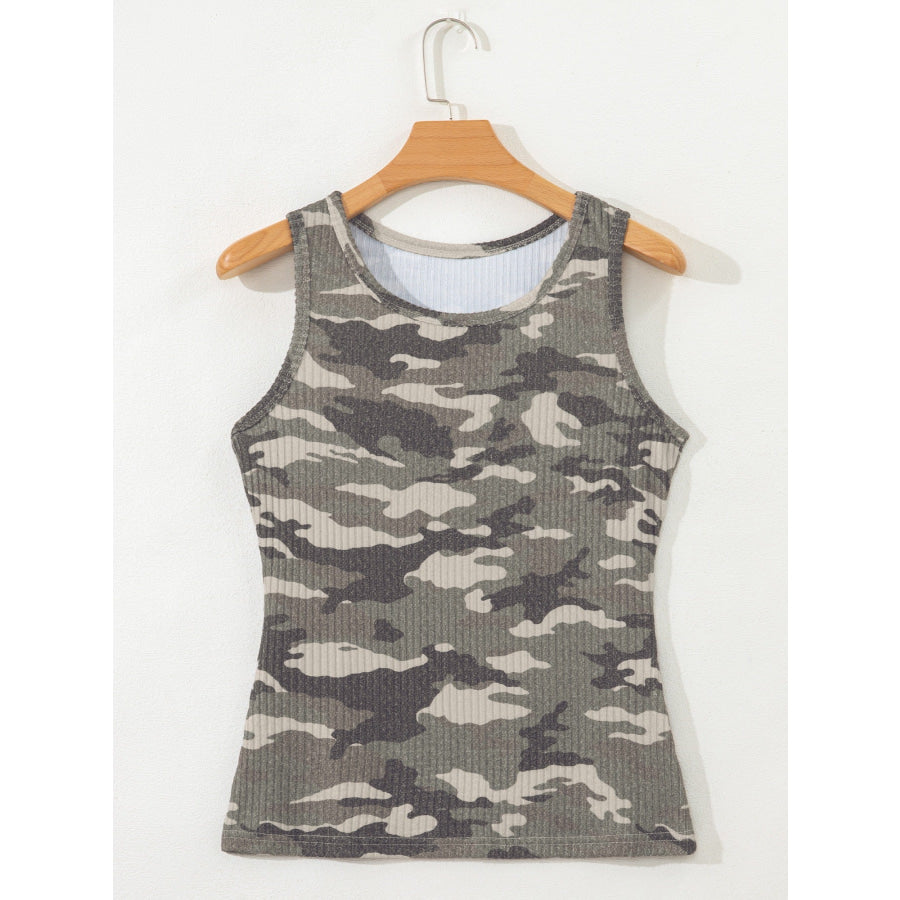 Camouflage Print Ribbed Knit Round Neck Tank Top Apparel and Accessories