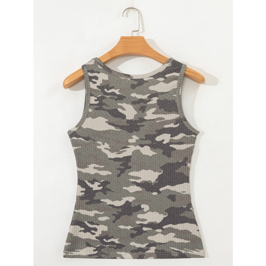 Camouflage Print Ribbed Knit Round Neck Tank Top Apparel and Accessories