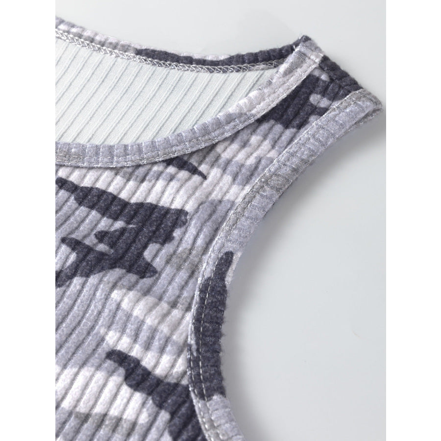 Camouflage Print Ribbed Knit Round Neck Tank Top Apparel and Accessories