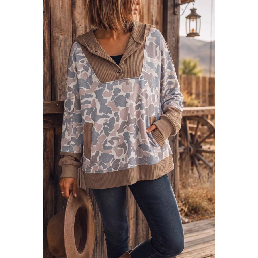Camouflage Print Waffle Knit Patchwork Half Zip Hoodie Apparel and Accessories