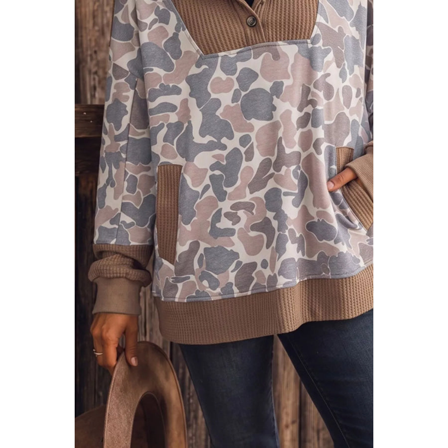 Camouflage Print Waffle Knit Patchwork Half Zip Hoodie Apparel and Accessories
