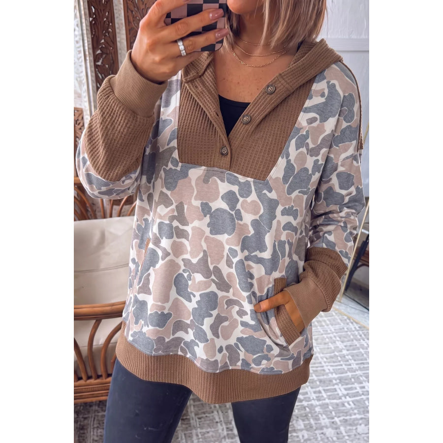 Camouflage Print Waffle Knit Patchwork Half Zip Hoodie Mocha / S Apparel and Accessories