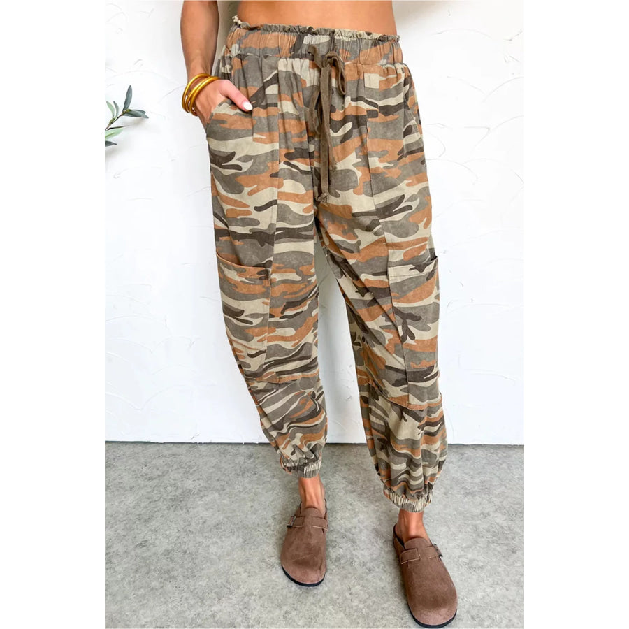 Camouflage Printed Drawstring Elastic Waist Jogger Pants Taupe / S Apparel and Accessories