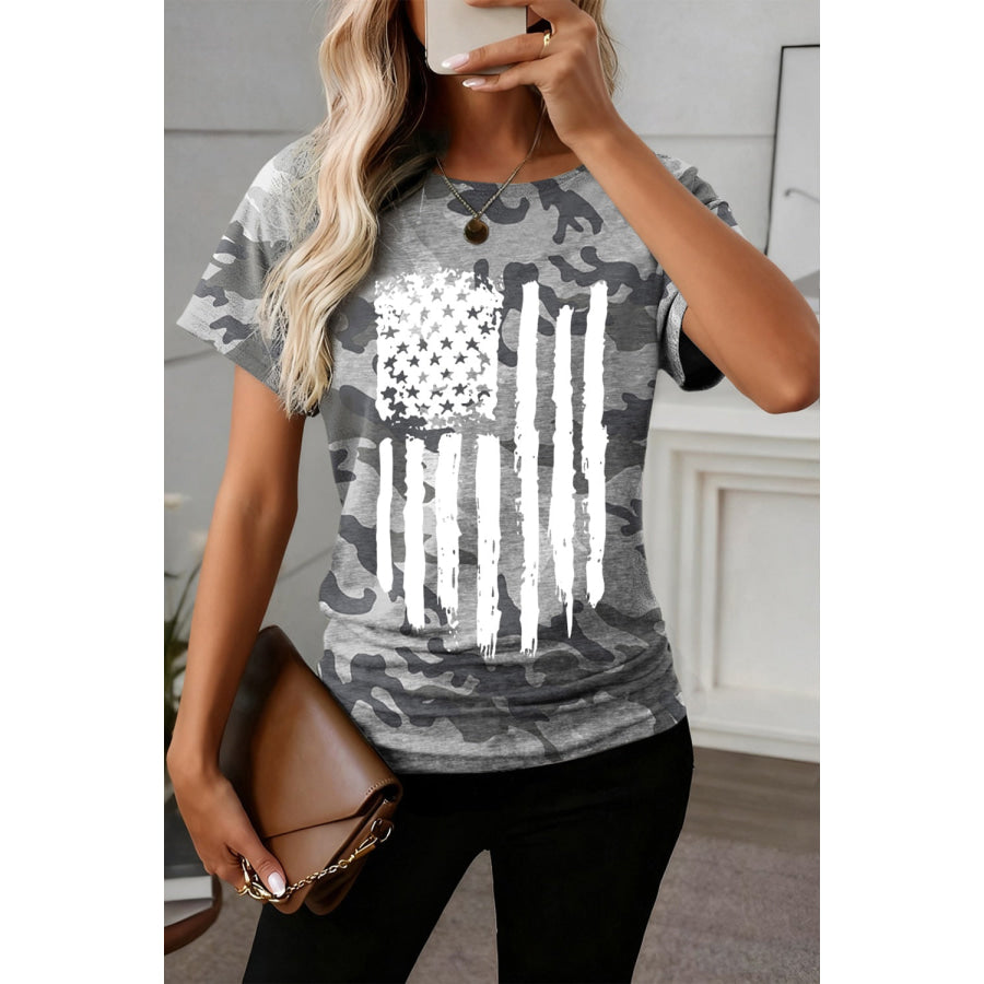Camouflage Retro American Flag Printed Tee Apparel and Accessories