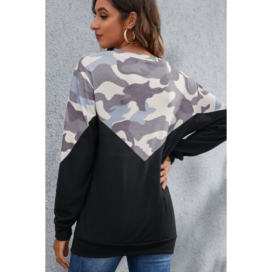 Camouflage Round Neck Long Sleeve Sweatshirt Clothing