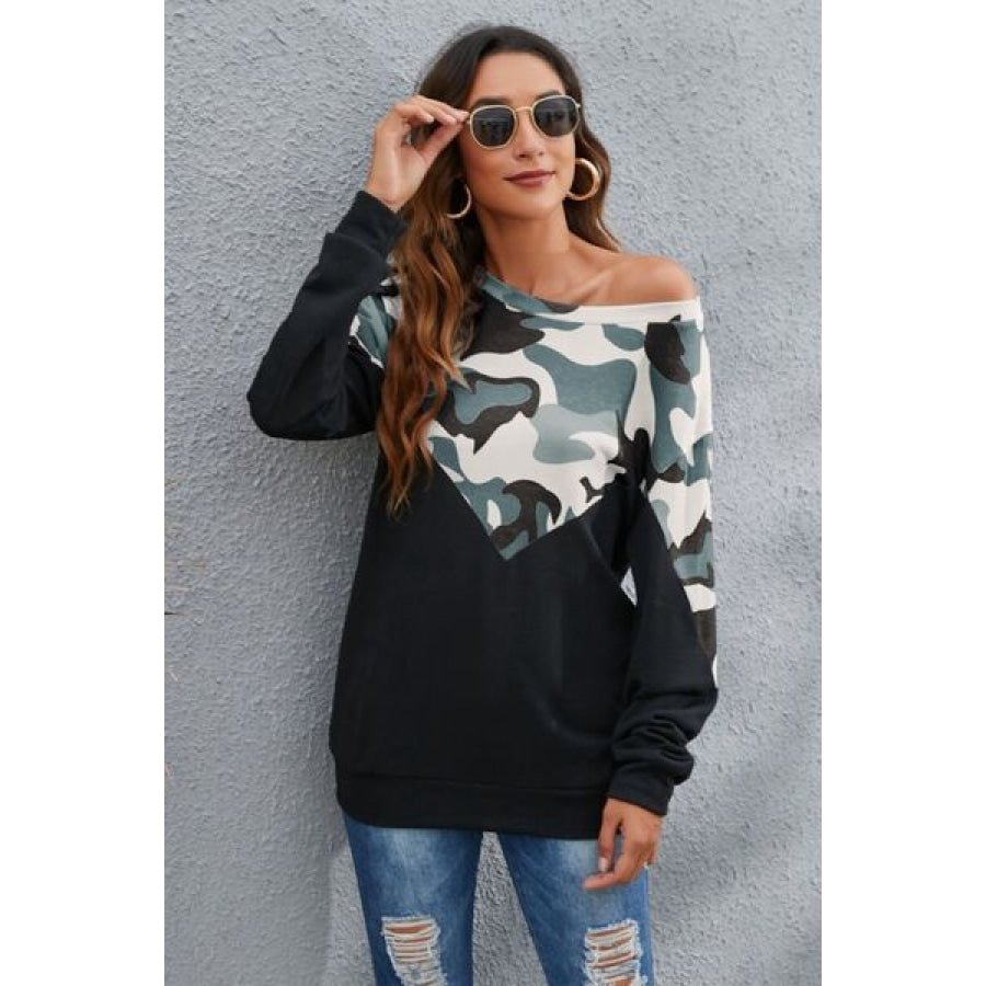 Camouflage Round Neck Long Sleeve Sweatshirt Clothing