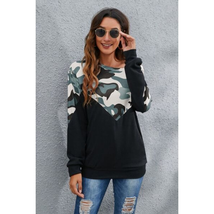 Camouflage Round Neck Long Sleeve Sweatshirt Clothing