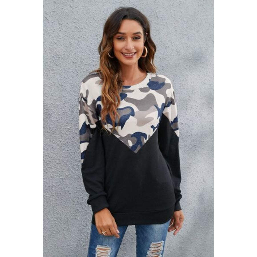 Camouflage Round Neck Long Sleeve Sweatshirt Clothing