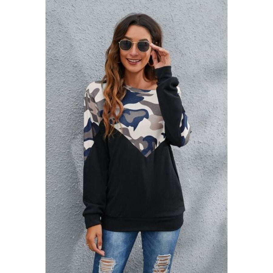 Camouflage Round Neck Long Sleeve Sweatshirt Cobald Blue / S Clothing