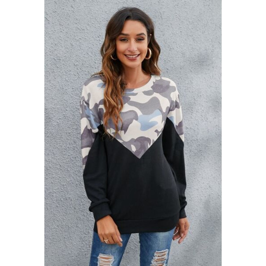 Camouflage Round Neck Long Sleeve Sweatshirt Heather Gray / S Clothing