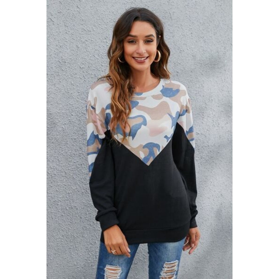 Camouflage Round Neck Long Sleeve Sweatshirt Peach / S Clothing