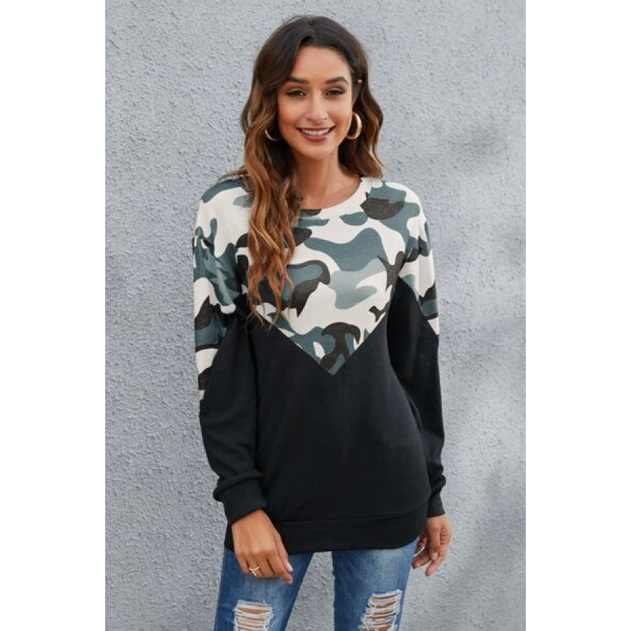 Camouflage Round Neck Long Sleeve Sweatshirt Sage / S Clothing