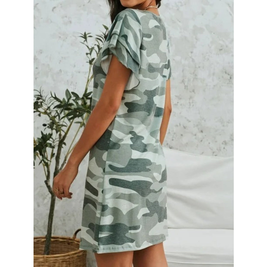 Camouflage Round Neck Short Sleeve Mini Dress Apparel and Accessories