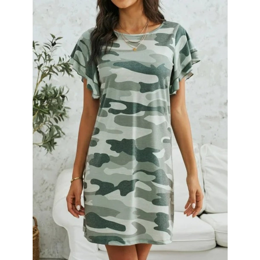 Camouflage Round Neck Short Sleeve Mini Dress Green Camouflage / S Apparel and Accessories