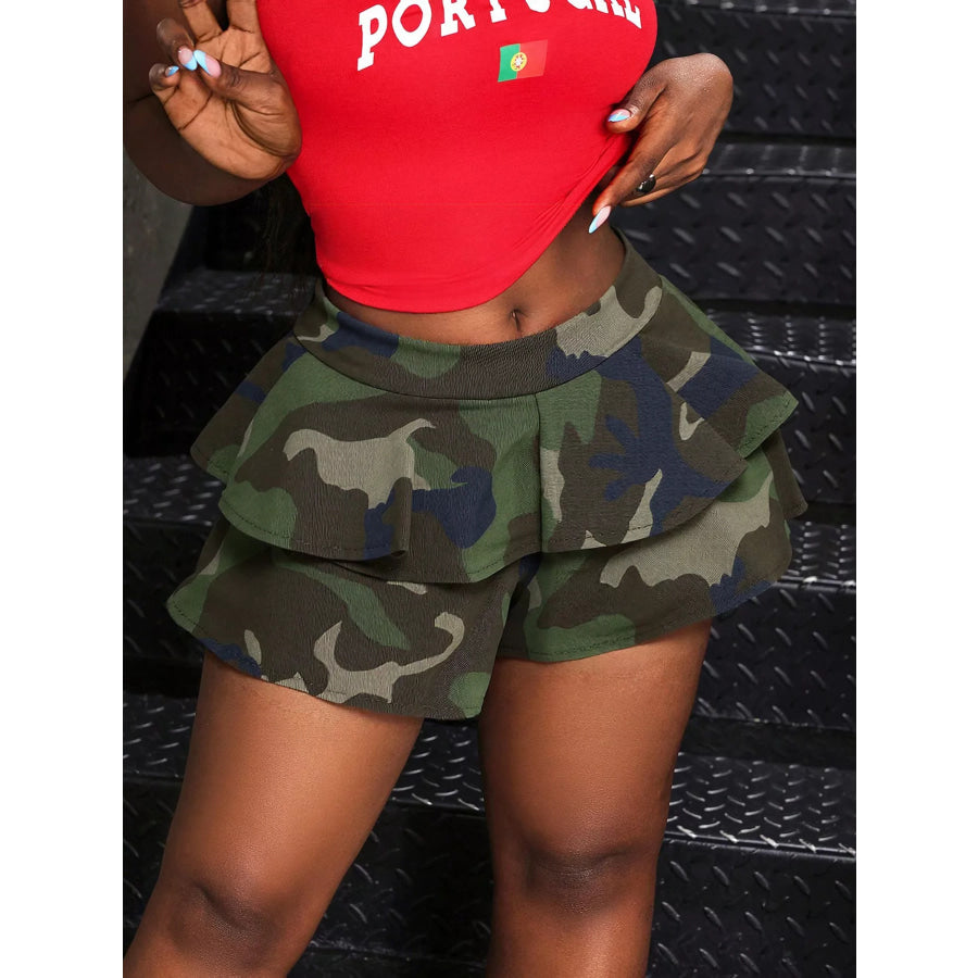 Camouflage Ruffled Layered Denim Shorts Army Green / S Apparel and Accessories