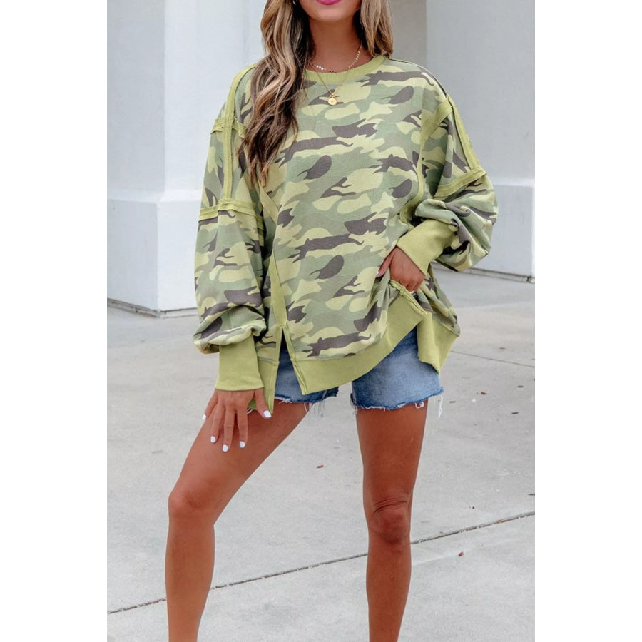 Camouflage Waffle Knit Raw Edge Contrast Trim Oversized Long Sleeve Top Apparel and Accessories
