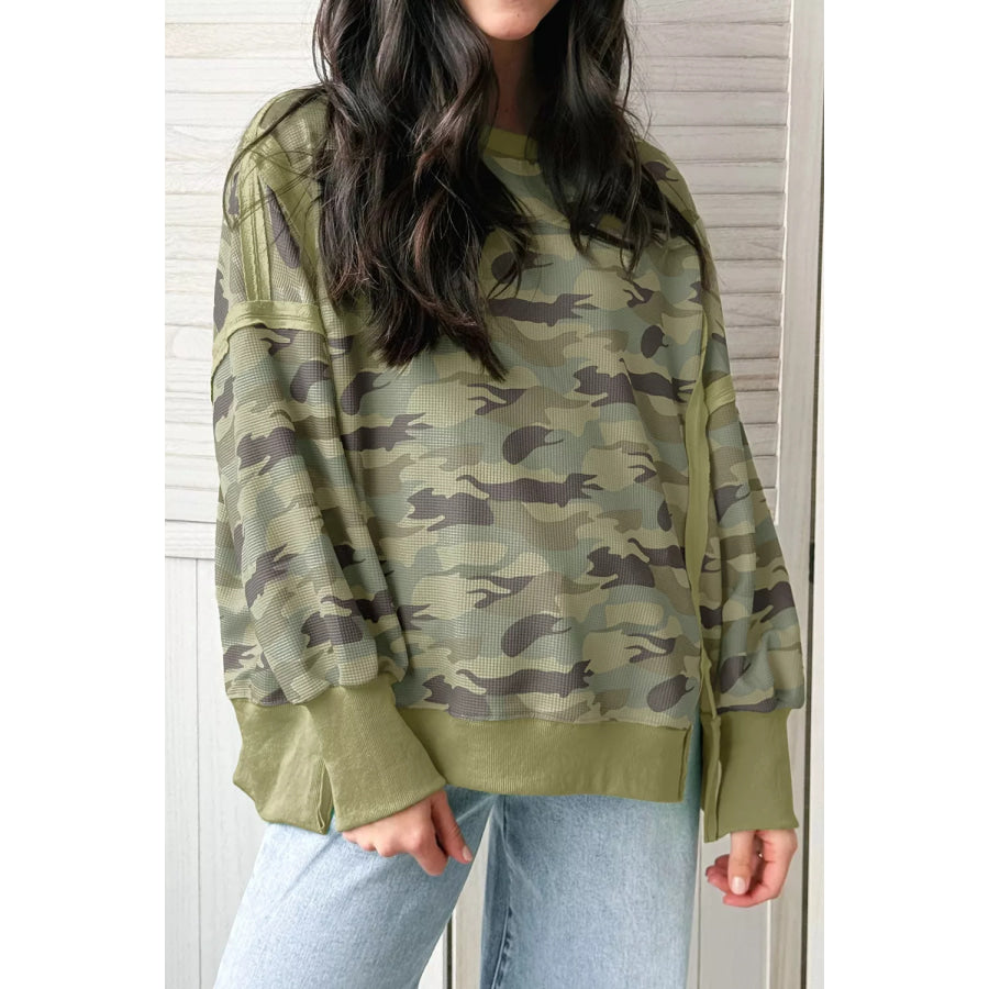 Camouflage Waffle Knit Raw Edge Contrast Trim Oversized Long Sleeve Top Apparel and Accessories