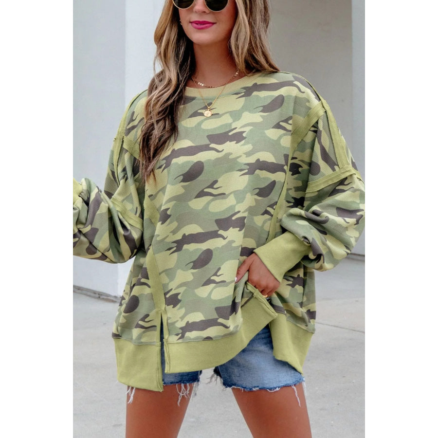 Camouflage Waffle Knit Raw Edge Contrast Trim Oversized Long Sleeve Top Apparel and Accessories