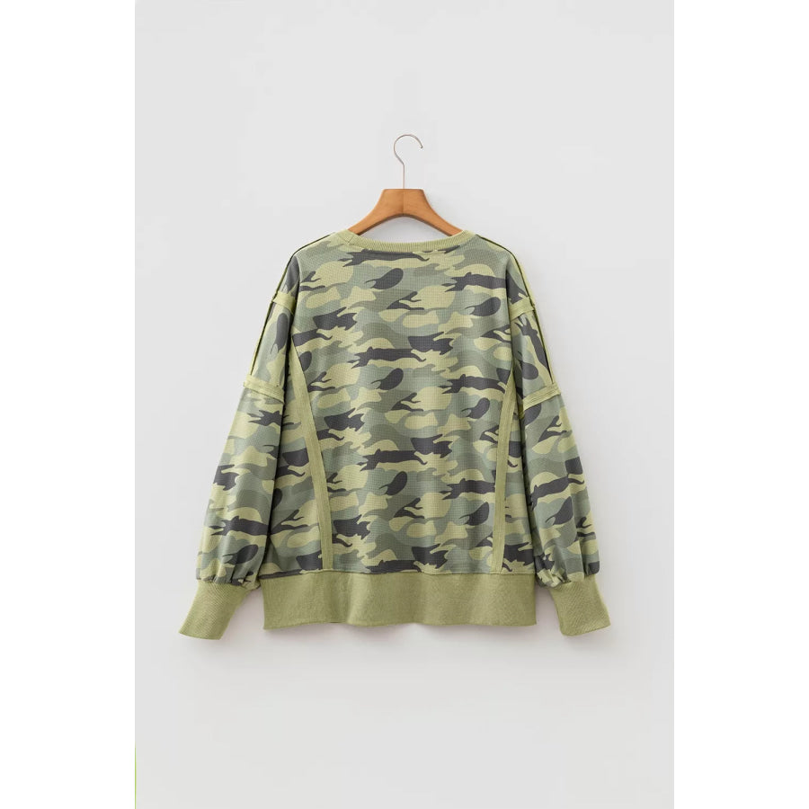 Camouflage Waffle Knit Raw Edge Contrast Trim Oversized Long Sleeve Top Apparel and Accessories