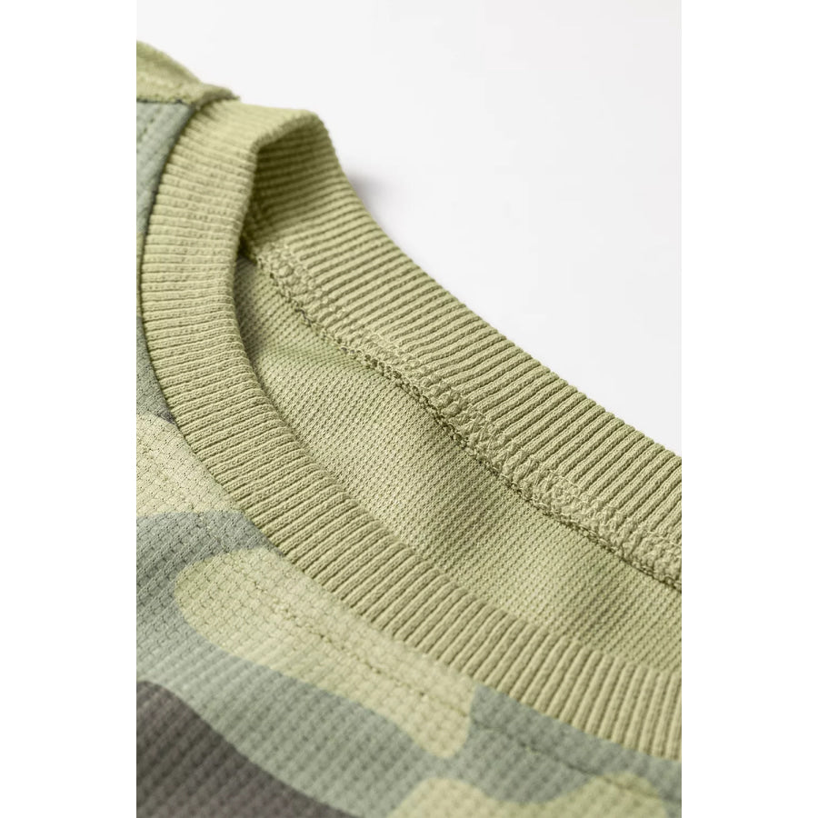 Camouflage Waffle Knit Raw Edge Contrast Trim Oversized Long Sleeve Top Apparel and Accessories