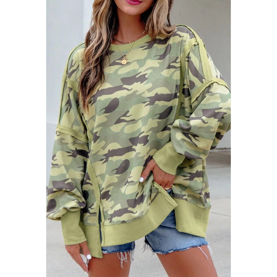 Camouflage Waffle Knit Raw Edge Contrast Trim Oversized Long Sleeve Top Apparel and Accessories