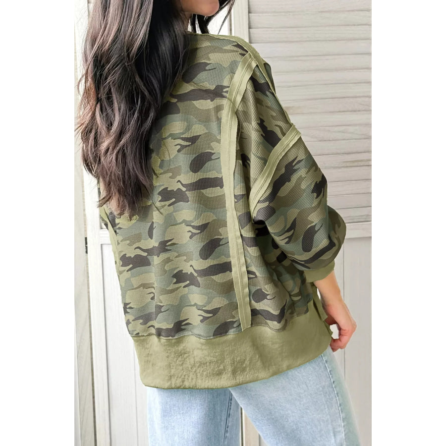 Camouflage Waffle Knit Raw Edge Contrast Trim Oversized Long Sleeve Top Apparel and Accessories