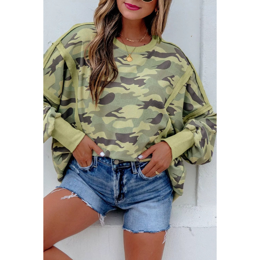 Camouflage Waffle Knit Raw Edge Contrast Trim Oversized Long Sleeve Top Apparel and Accessories