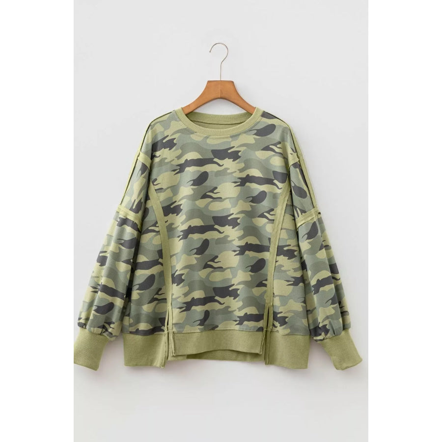 Camouflage Waffle Knit Raw Edge Contrast Trim Oversized Long Sleeve Top Apparel and Accessories