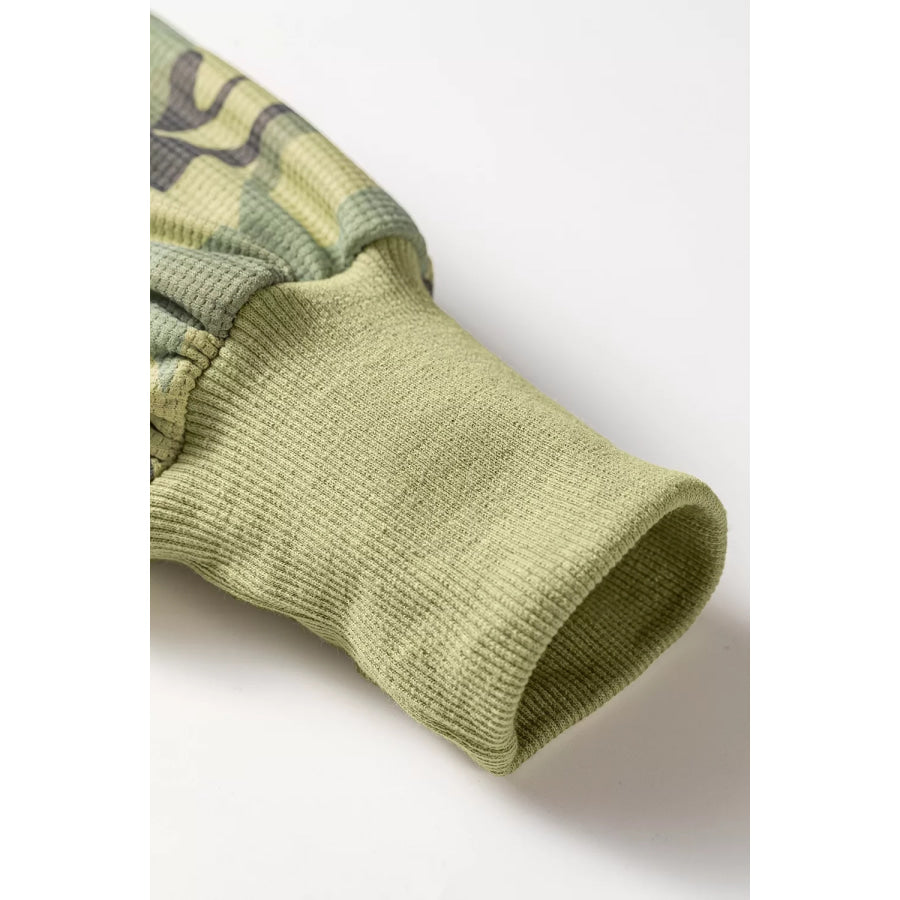 Camouflage Waffle Knit Raw Edge Contrast Trim Oversized Long Sleeve Top Apparel and Accessories