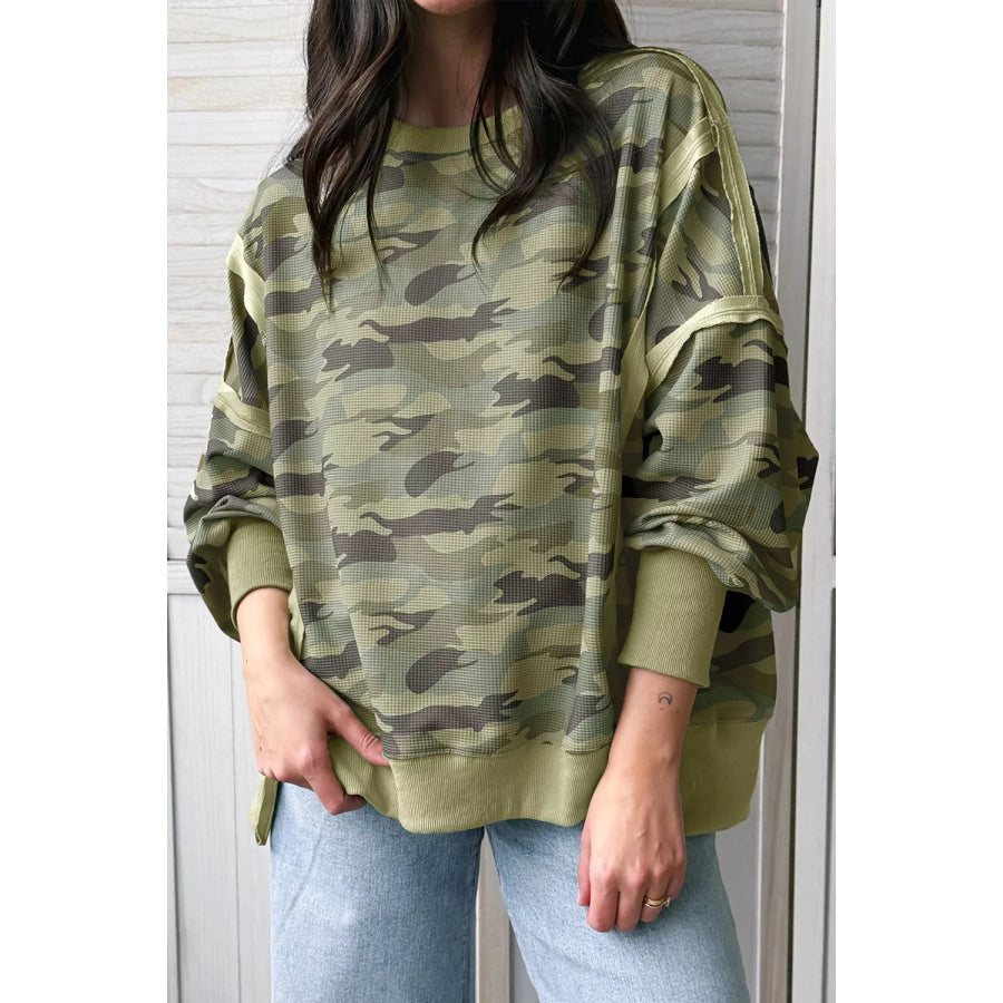 Camouflage Waffle Knit Raw Edge Contrast Trim Oversized Long Sleeve Top Green Camouflage / S Apparel and Accessories