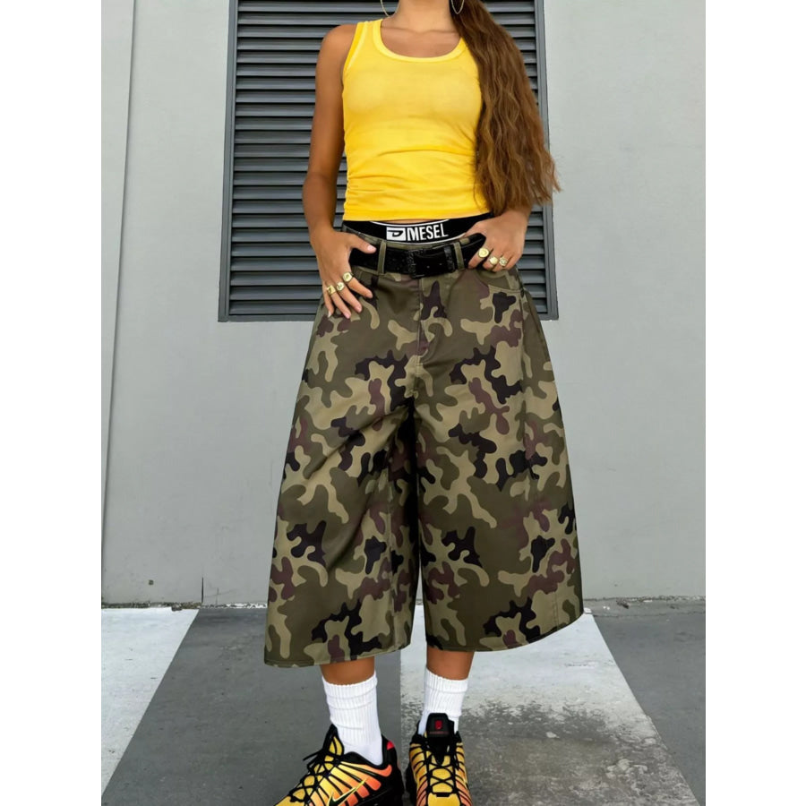 Camouflage Wide-Leg Capris Apparel and Accessories