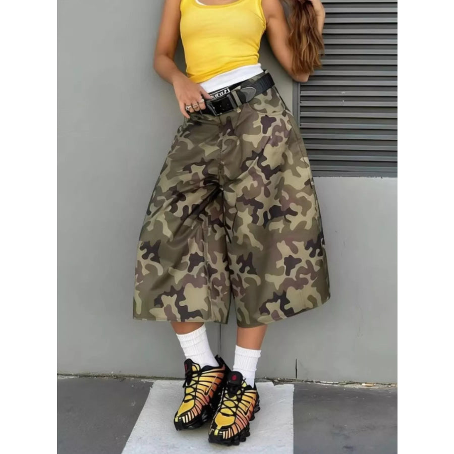 Camouflage Wide-Leg Cropped Pants Apparel and Accessories