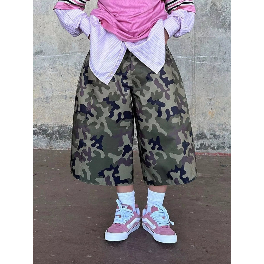 Camouflage Wide-Leg Cropped Pants Apparel and Accessories