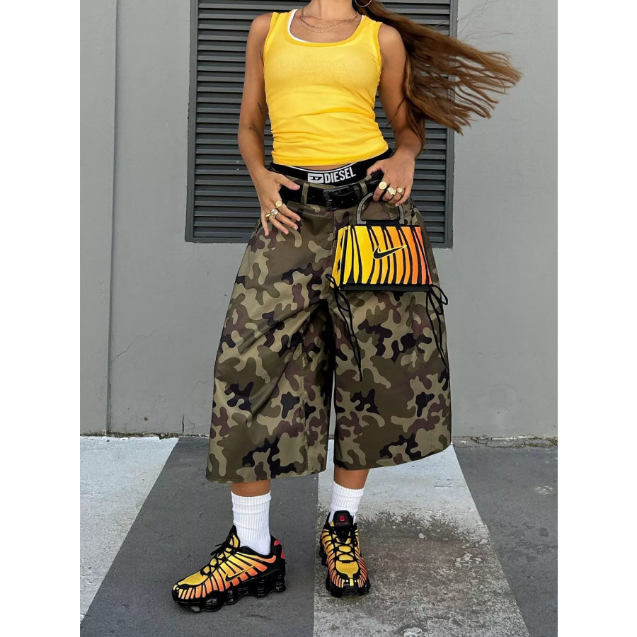 Camouflage Wide-Leg Cropped Pants Apparel and Accessories