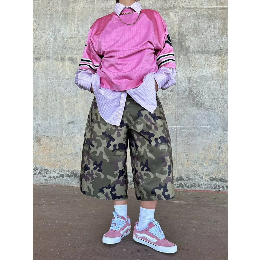 Camouflage Wide-Leg Cropped Pants Apparel and Accessories
