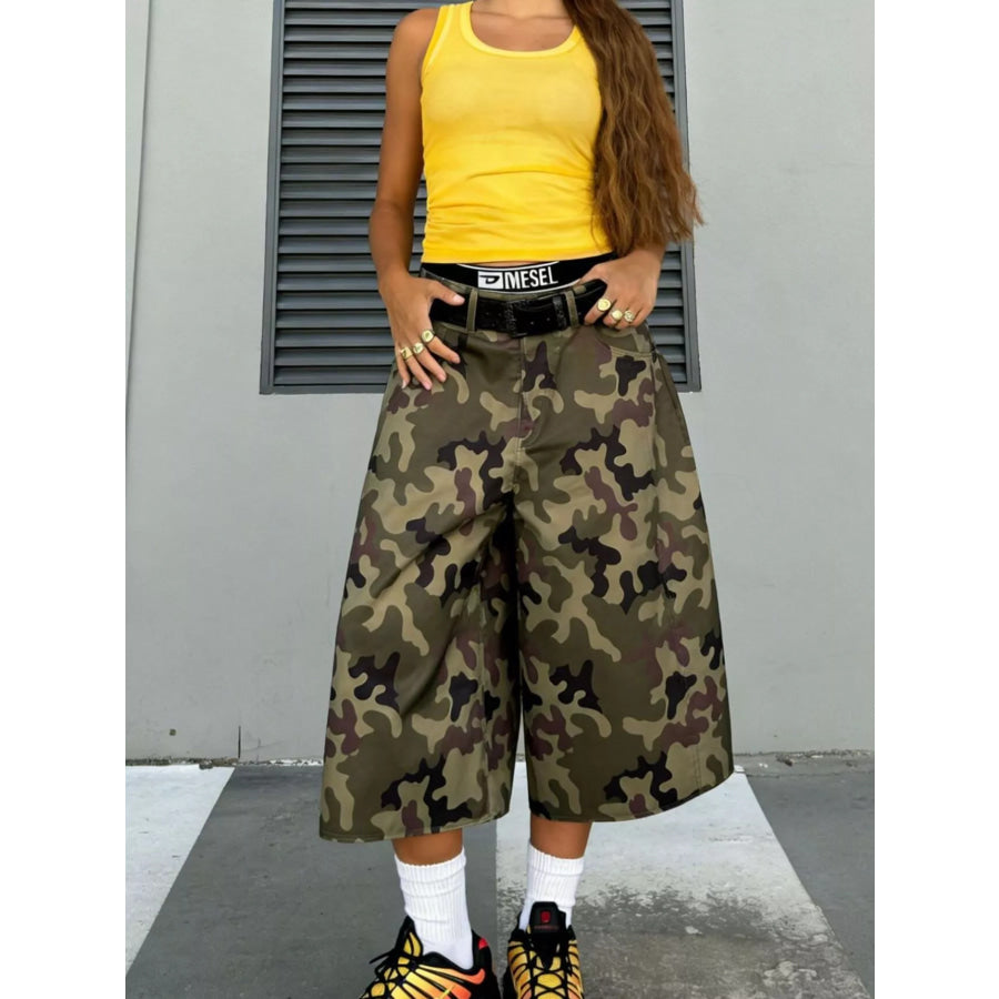 Camouflage Wide-Leg Cropped Pants Polish Camouflage / S Apparel and Accessories