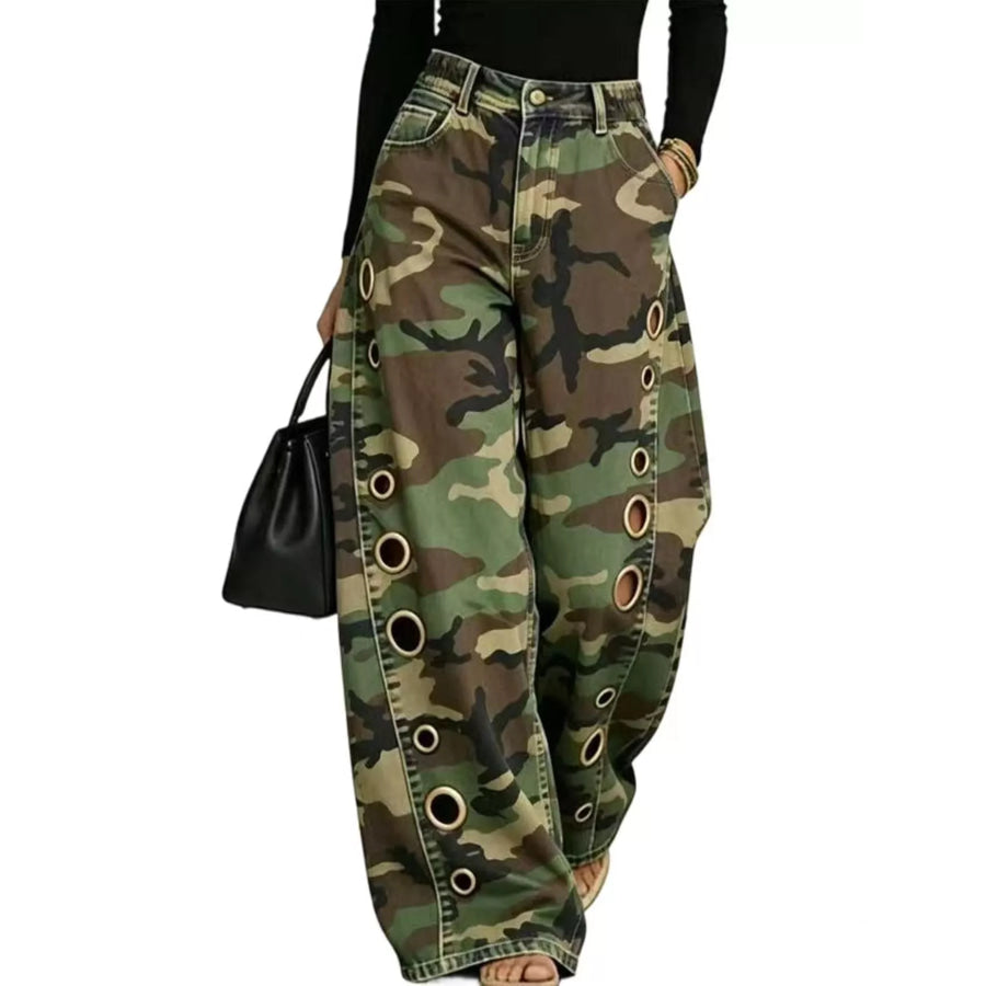Camouflage Wide-Leg Jeans Green / S Apparel and Accessories