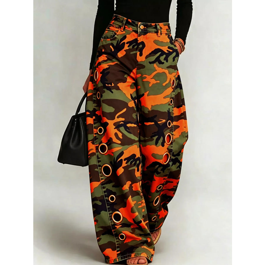 Camouflage Wide-Leg Jeans Orange / S Apparel and Accessories