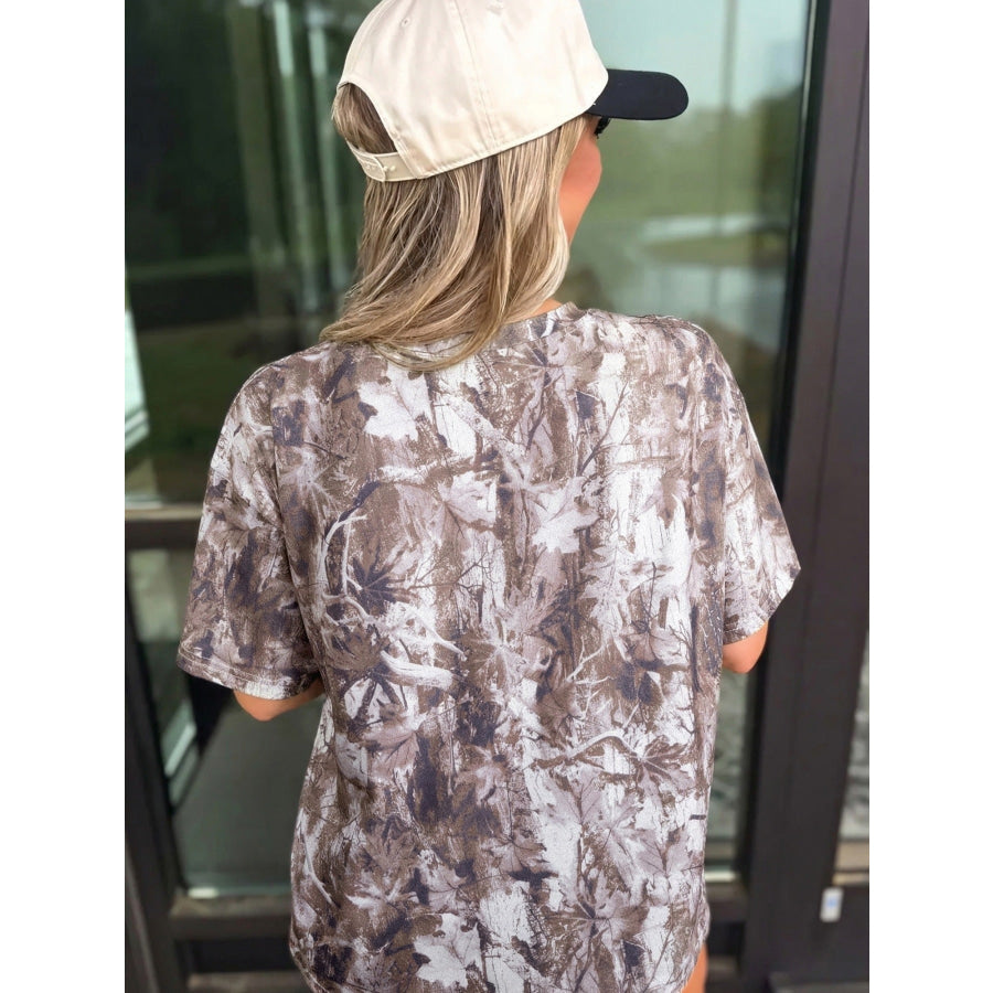 Camouflage Woodland Print Drop Shoulder Tunic Tee Mocha / S Apparel and Accessories