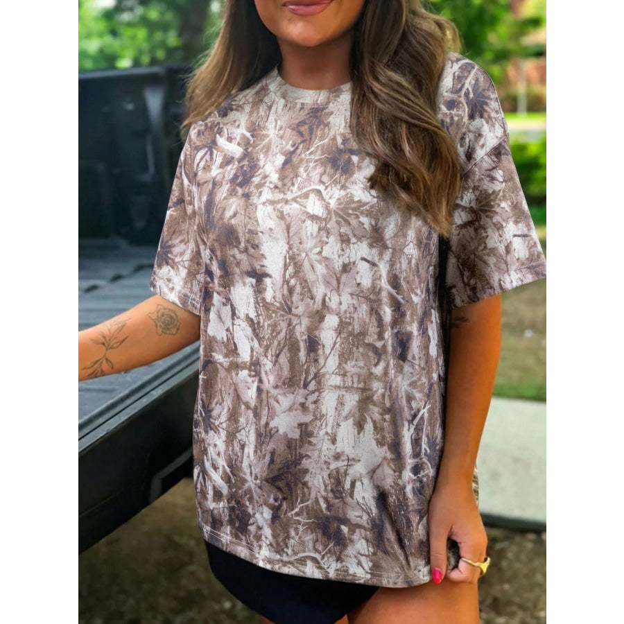 Camouflage Woodland Print Drop Shoulder Tunic Tee Mocha / S Apparel and Accessories