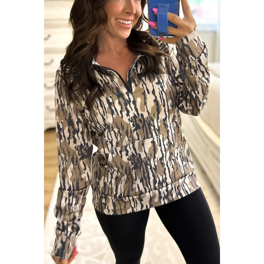 Camouflage Zipper Collar Front Pocket Sweatshirt Apparel and Accessories