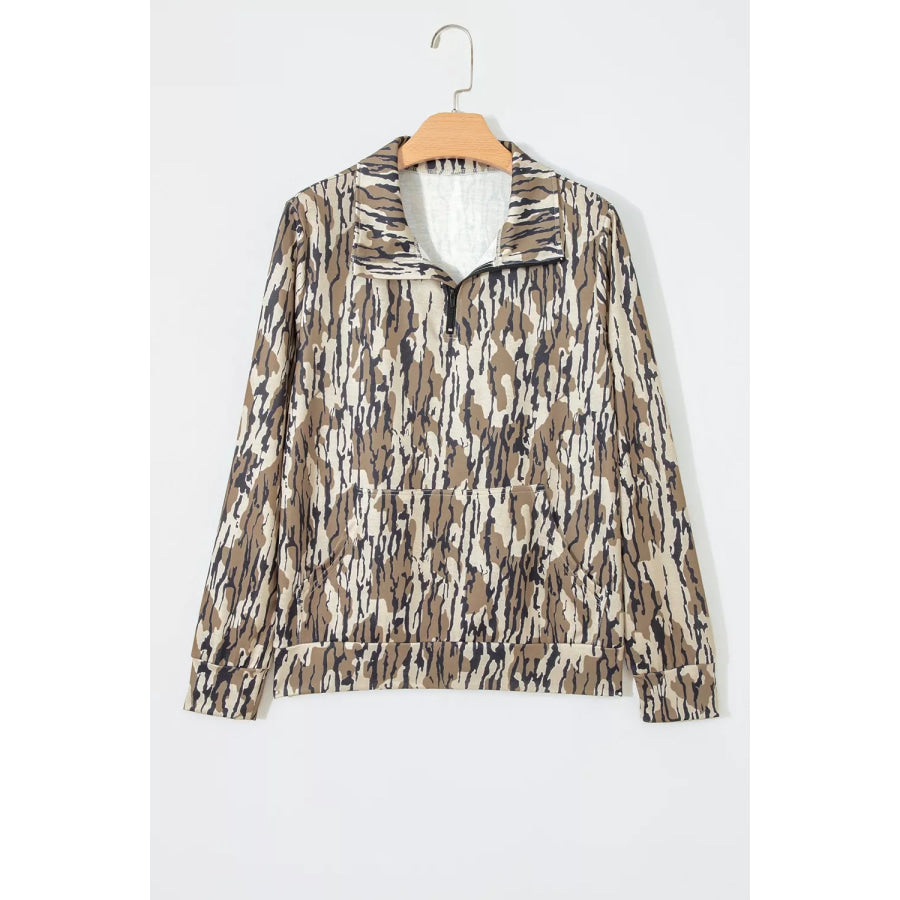 Camouflage Zipper Collar Front Pocket Sweatshirt Apparel and Accessories