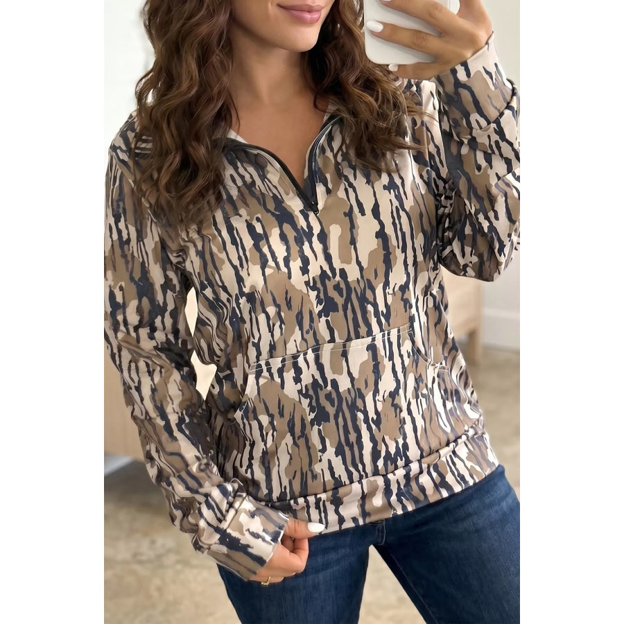 Camouflage Zipper Collar Front Pocket Sweatshirt Apparel and Accessories