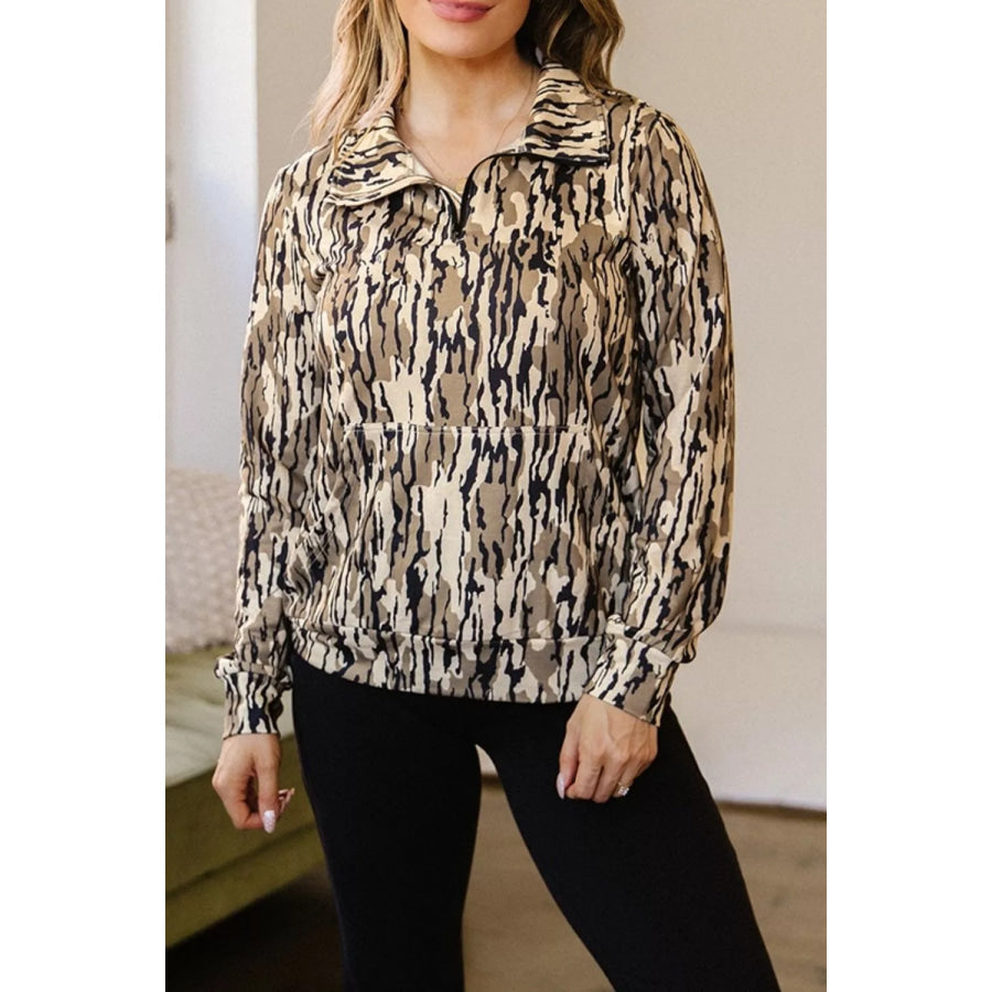 Camouflage Zipper Collar Front Pocket Sweatshirt Khaki / S Apparel and Accessories