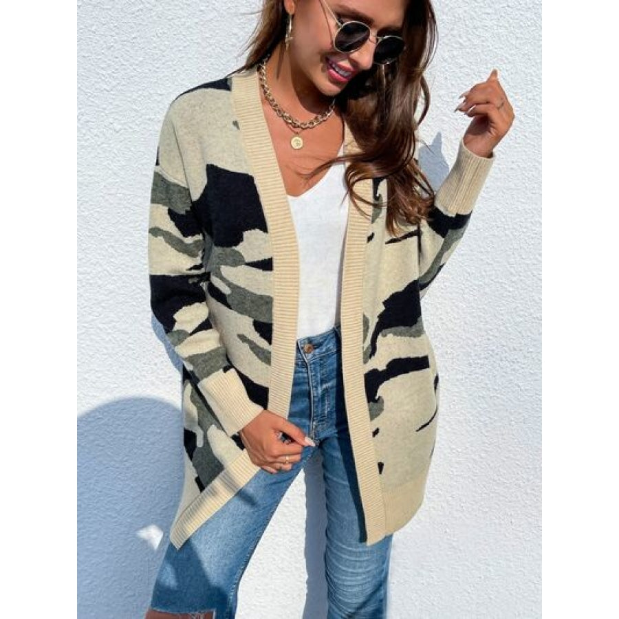 Camouflaged Dropped Shoulder Open Front Cardigan Clothing