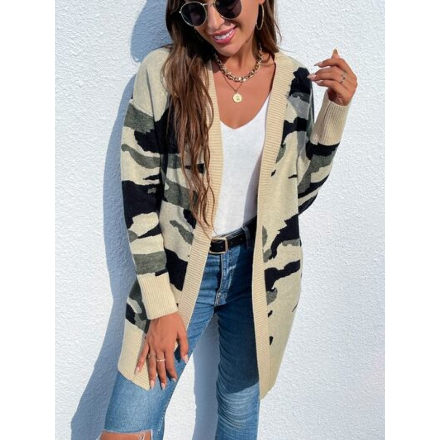 Camouflaged Dropped Shoulder Open Front Cardigan Clothing