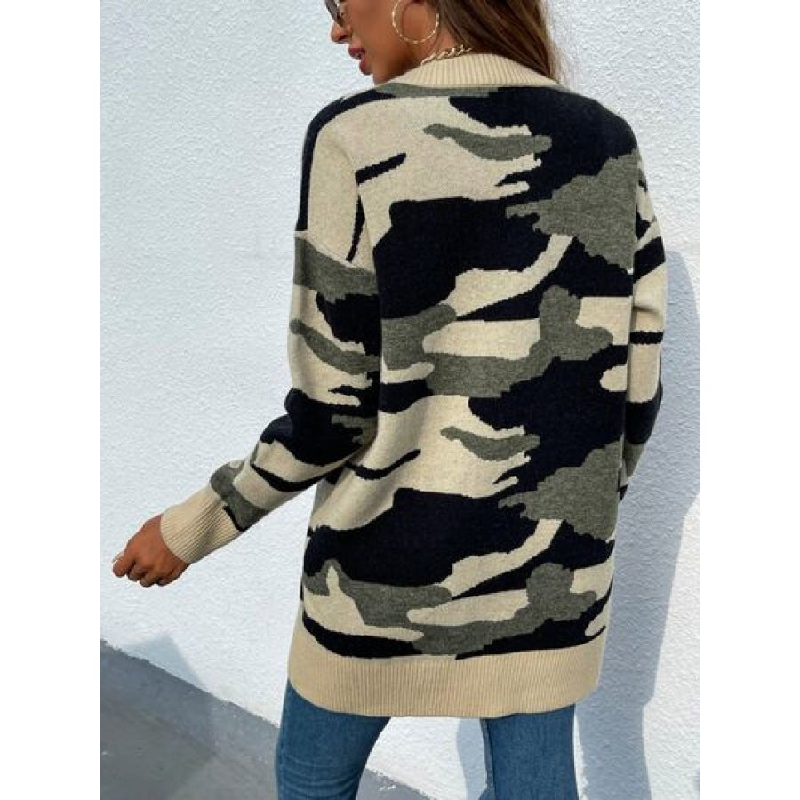 Camouflaged Dropped Shoulder Open Front Cardigan Clothing